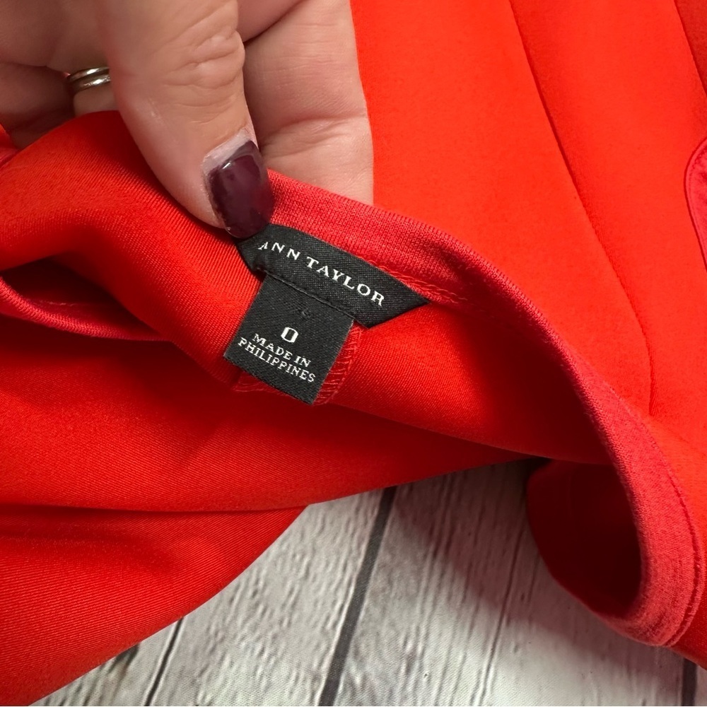 ann taylor bright red fit and flair pleated midi dress sz 0 sleeveless office - Picture 8 of 10